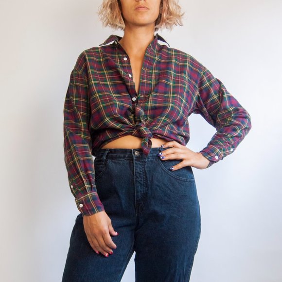 Y2K red plaid flannel m medium 8 / dark red checkered shirt / long sleeve flanne - Picture 2 of 6